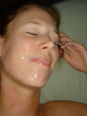 Slutty and horny brunette receives her face sticky with cum from a stiff cock